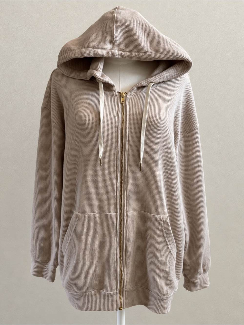 Princess Polly Waffle Knit Zip Hoodie Size 4 Beige Oversized Gold Zip